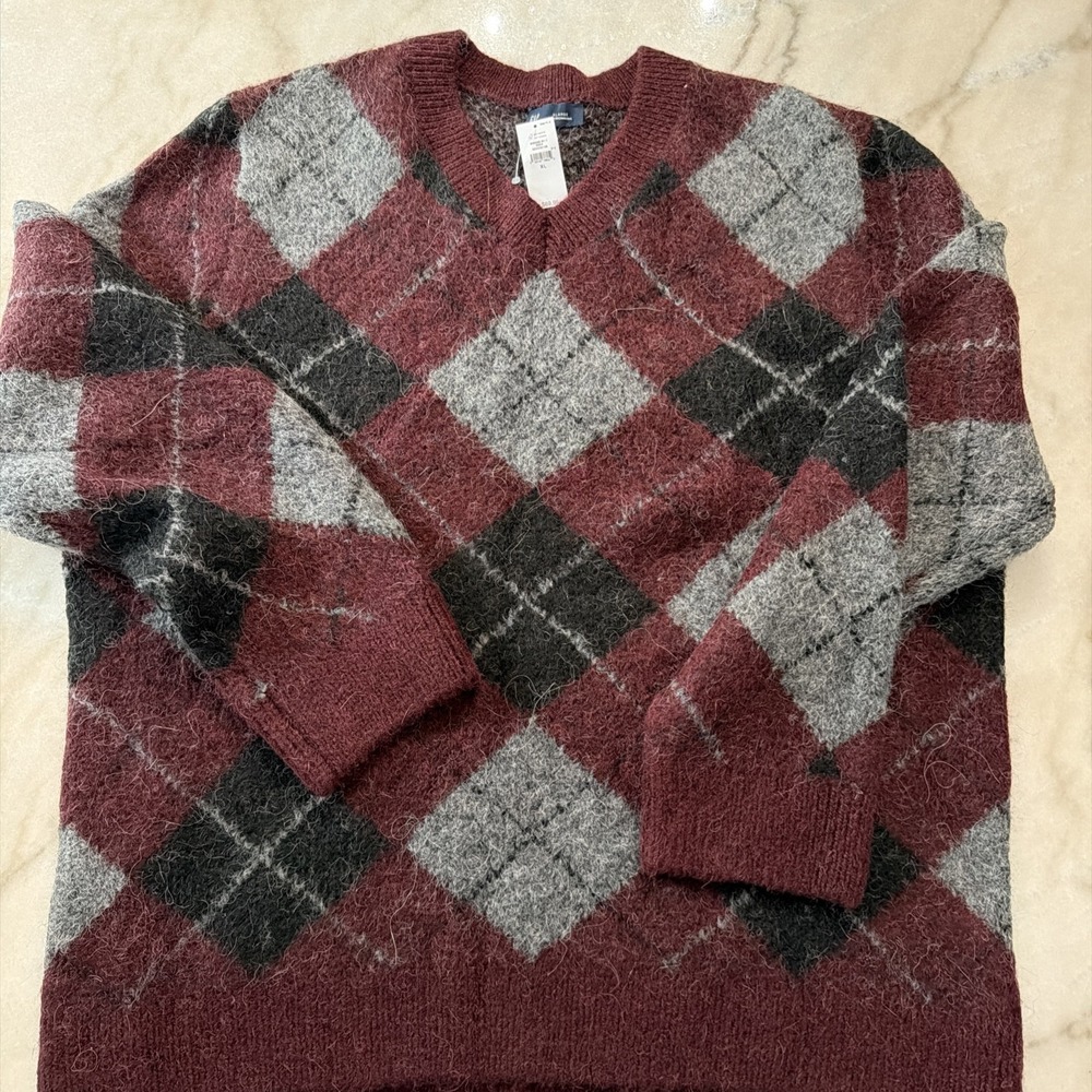 Gap Men's Argyle V Neck Sweater XL Burgundy Alpaca Wool Blend Preppy NWT